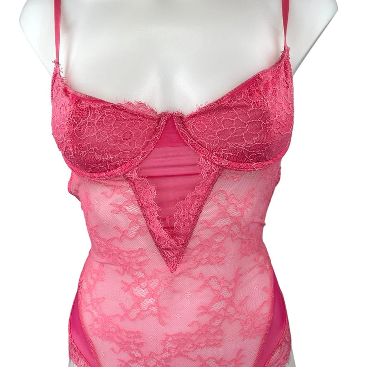 Lovers + Friends Ariella Pink Lace Mesh Sleeveless Cami Camisole Bodysuit Top M