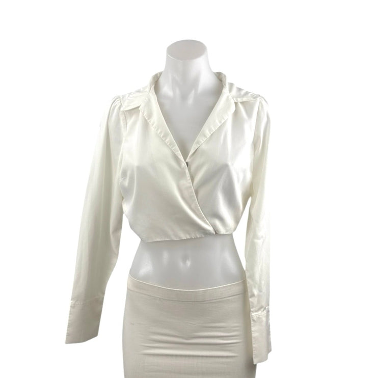 Abercrombie & Fitch Women's White Long Sleeve Tie Faux Wrap Shirt Crop Top XS