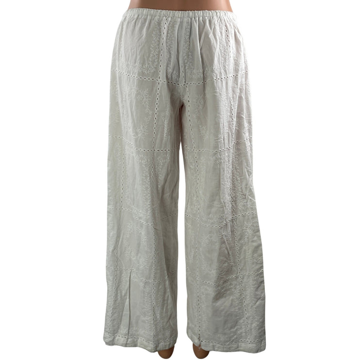 Peppermayo Women's White Drawstring High Rise Embroidered Wide Leg Pants Size 4