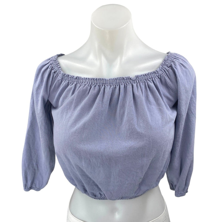 Brandy Melville Blue Linen Short Puff Sleeve Boat Neck Crop Blouse Top Size S