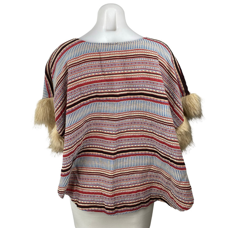 Minkie Women's Red Striped Faux Fur Fringe Short Sleeve Sweater Top Size OS