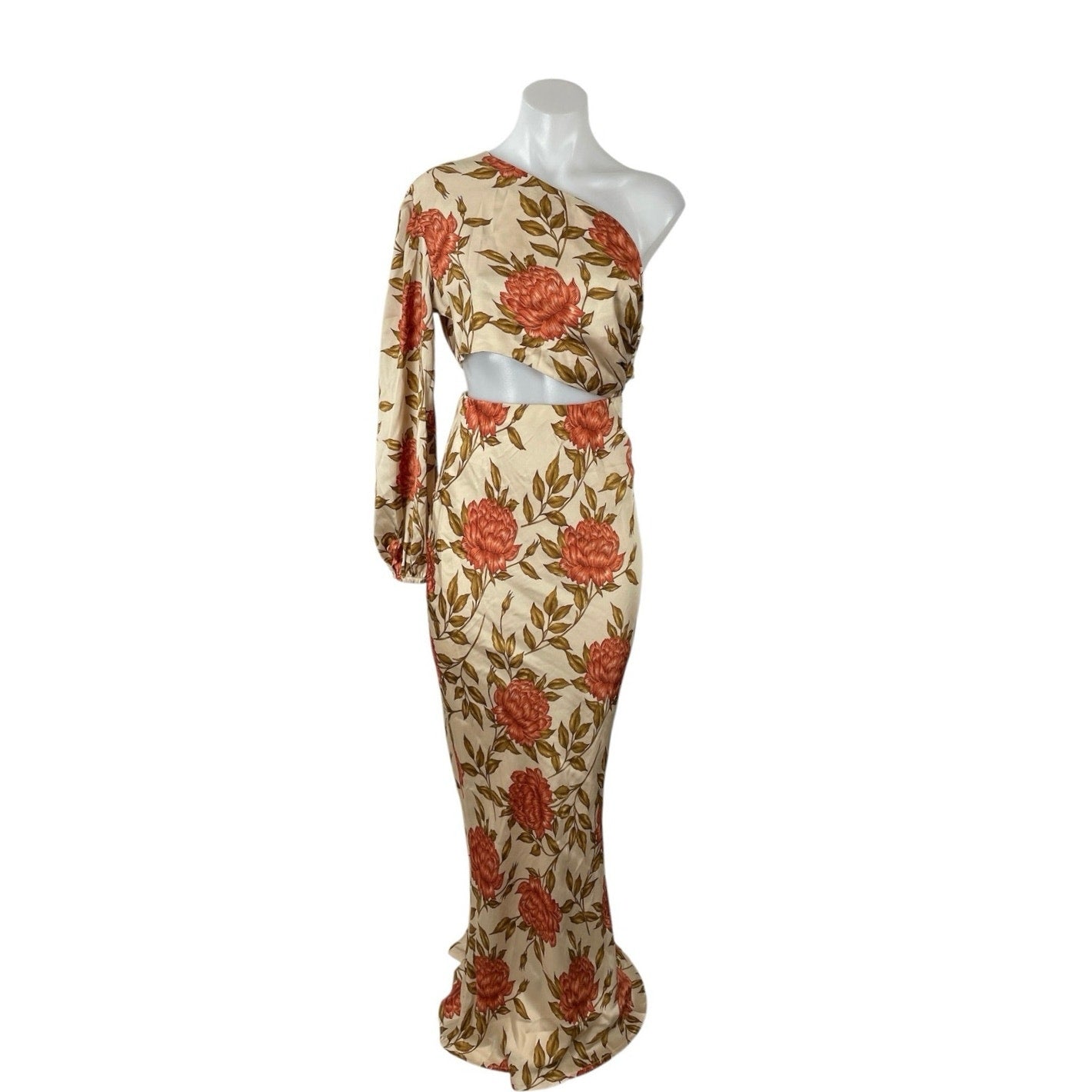 showpo dress New Reverse Showpo Abagail Beige Floral One Shoulder CutOut Maxi Bodycon Dress S