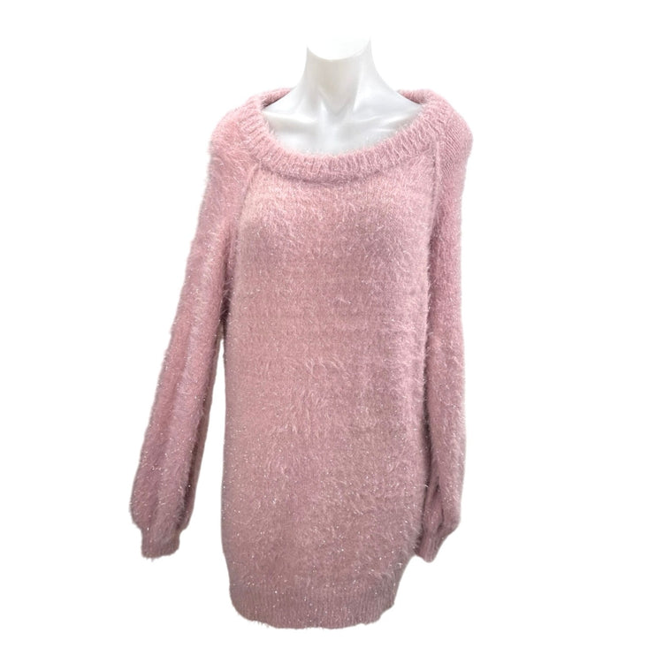 Easel Pink Metallic Knit Pullover Long Sleeve Boat Neck Mini Sweater Dress Sz S