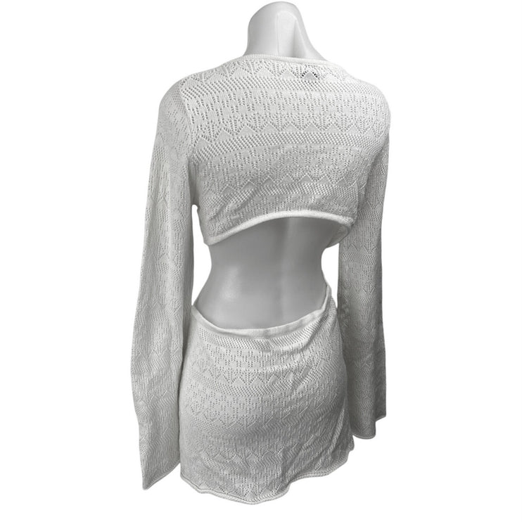 Princess Polly White Chrochet Long Sleeve Cutout Mini Swim Cover Up Dress Sz 12