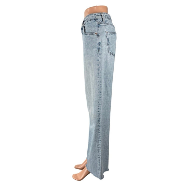 Zara Light Blue Frayed Hem High Rise Baggy Palazzo Wide Leg Denim Jeans Pants 6