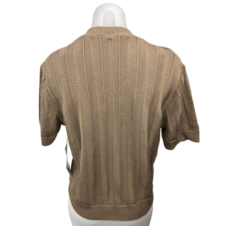 NEW Argent Brown Cable Knit V-neck Button Up Short Sleeve Pockets Sweater Top S