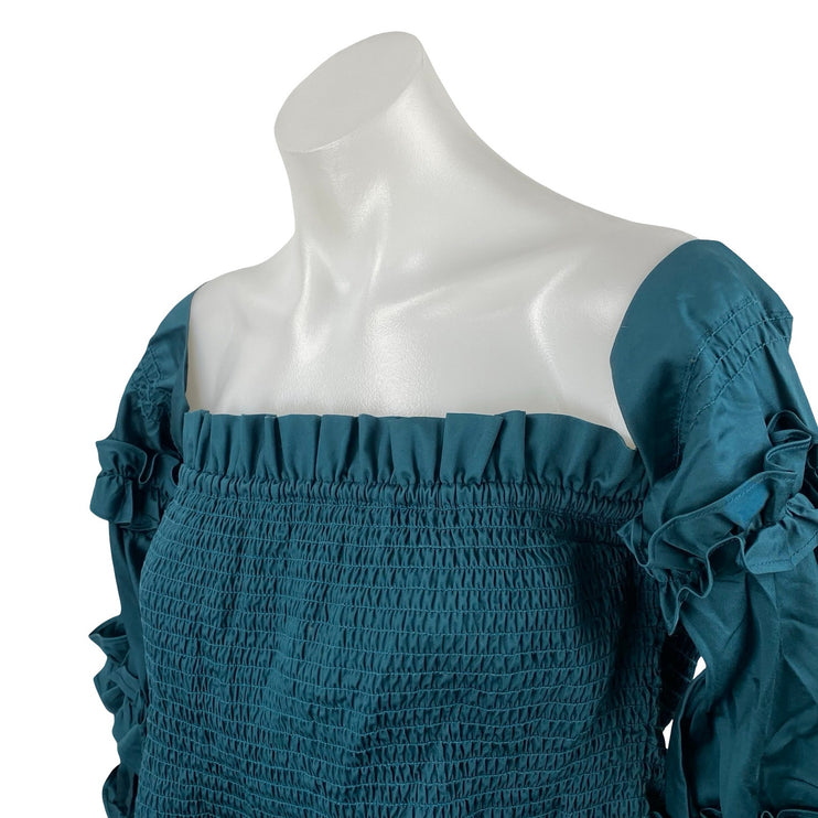 Petersyn Women's Teal Blue Long Sleeve Ruffle Smocked Peplum Crop Top Size S