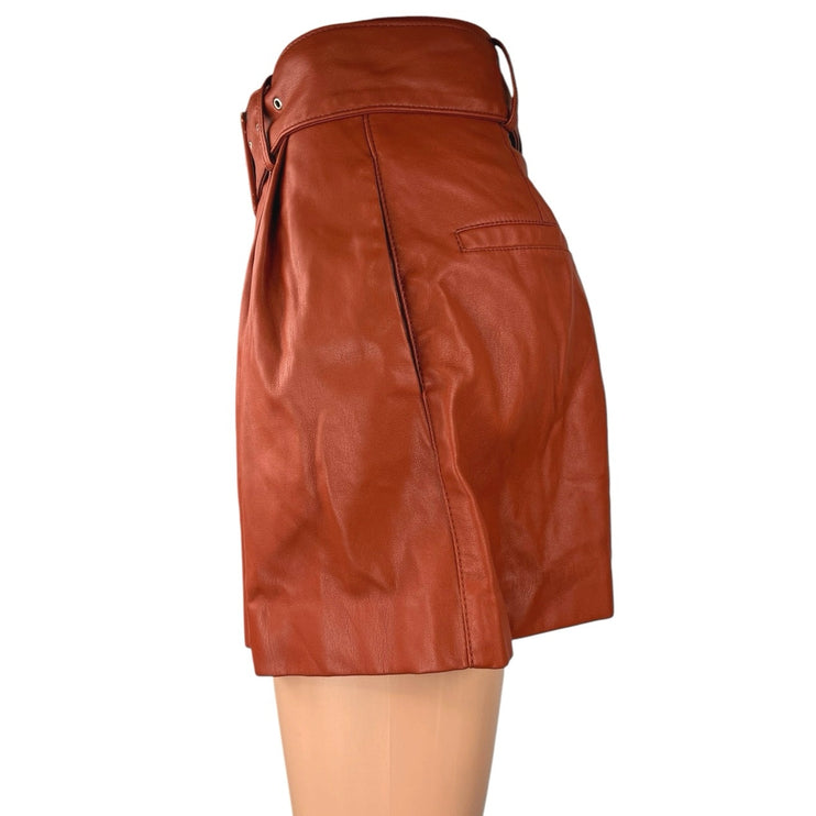 Trafaluc by Zara Brown Faux Leather Vegan Belted High Waisted Shorts Size S