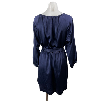 Rebecca Taylor Navy Blue 100% Silk Satin Long Sleeve Tie Blouson Mini Dress 2