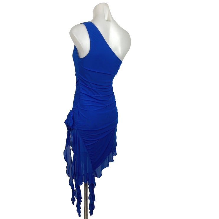 SHEIN Blue One Shoulder Ruffle Asymmetrical Hem Ruched Bodycon Party Dress Sz 6