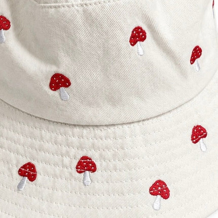 Women's White Red Mushroom Whimsical Cotton Embroidered Bucket Hat Cap Size OS