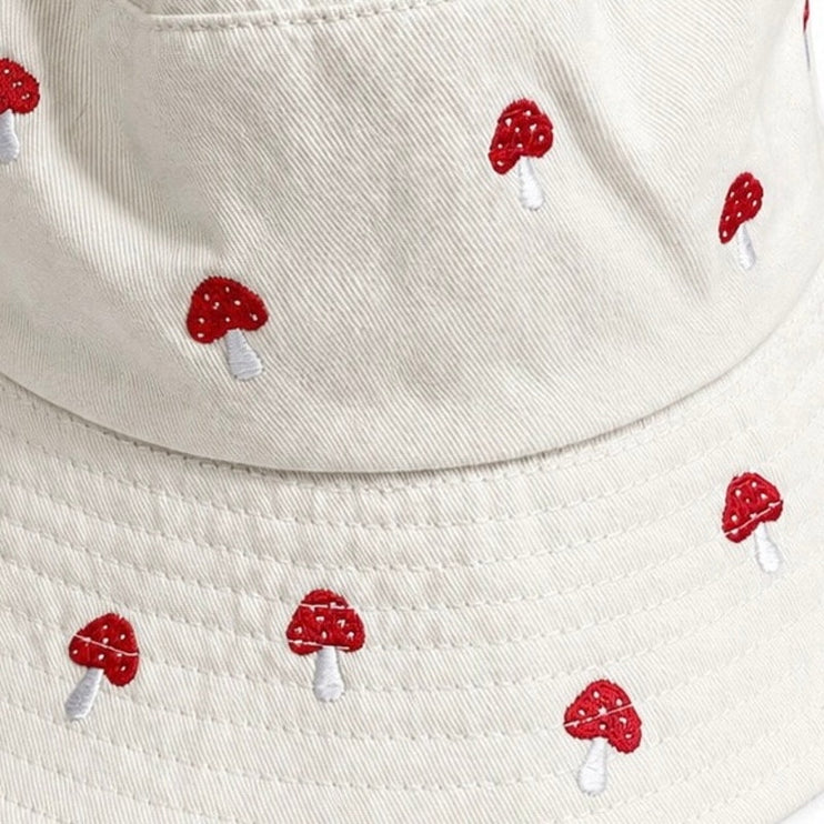 Women's White Red Mushroom Whimsical Cotton Embroidered Bucket Hat Cap Size OS