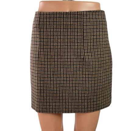 MNG Mango Brown Beige Wool Houndstooth Plaid Pleated Pencil Mini Skirt Size S
