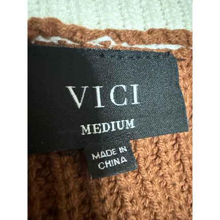 VICI Brown Cream Long Sleeve Ribbed Knit V Neck Boxy Crop Sweater Top Size M
