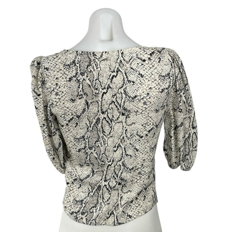 Reformation Eliana Snakeskin Animal Print V Neck 3/4 Sleeve Crop Blouse Top Sz S