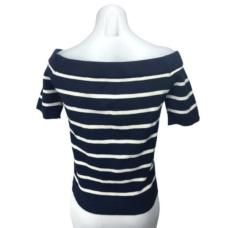Sunday Stevens Navy Blue White Off The Shoulder Striped Knit Sweater Top Size L