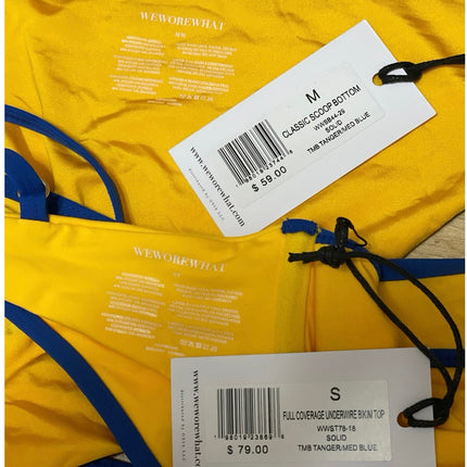 NEW WeWoreWhat Yellow Blue Classic Scoop Bustier 2 Piece Set Swimwear Size S/M