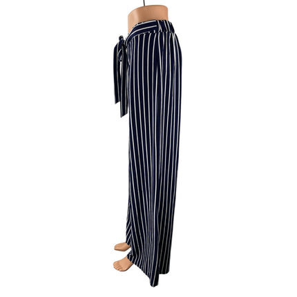 Shop 17 Womens Blue Stripe High Rise Tie Waist Palazzo Wide Leg Trousers Pants M