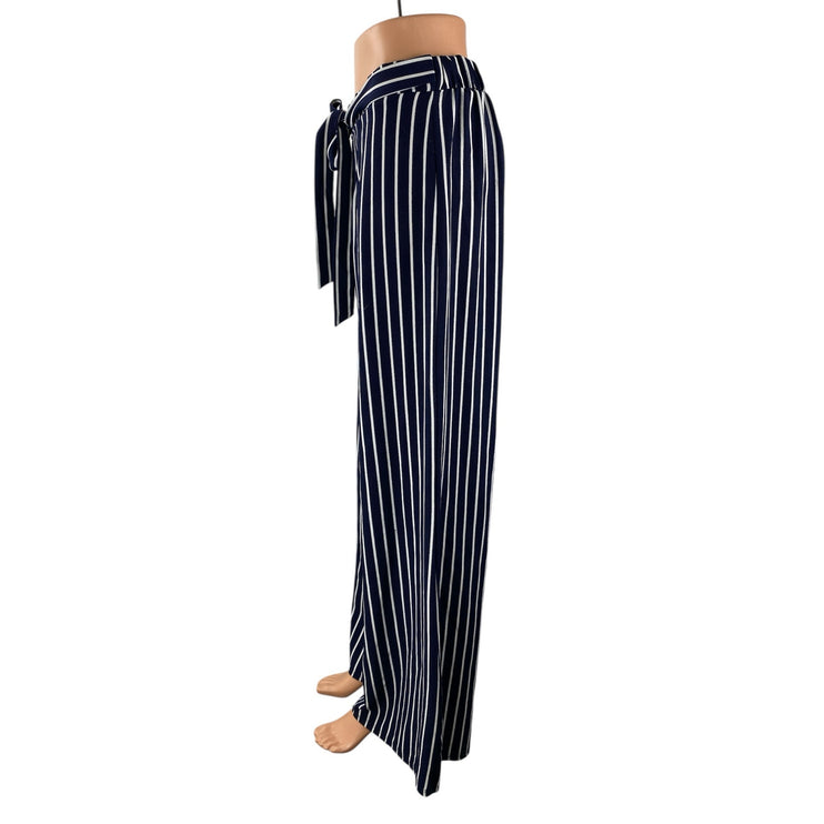 Shop 17 Womens Blue Stripe High Rise Tie Waist Palazzo Wide Leg Trousers Pants M