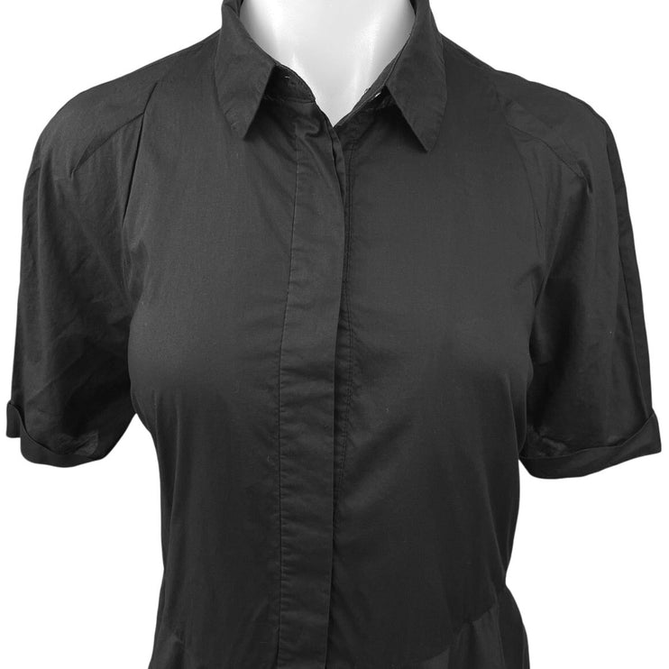 Allsaints Black Short Sleeve Collared Button Down Pleated Midi Shirt Dress Sz 8