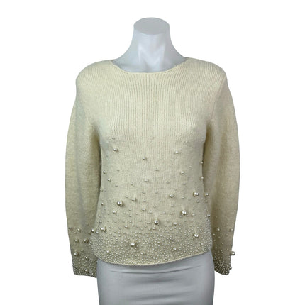 Zara Cream Beige Pearl Wool Beaded Long Sleeve Knit Crewneck Sweater Top Size S