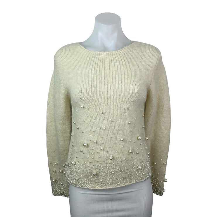 Zara Cream Beige Pearl Wool Beaded Long Sleeve Knit Crewneck Sweater Top Size S