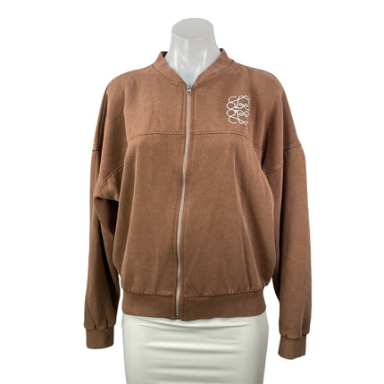 EGO Women's Brown Long Sleeves Graphic Print Zip Up Bomber Track Coat Jacket 4