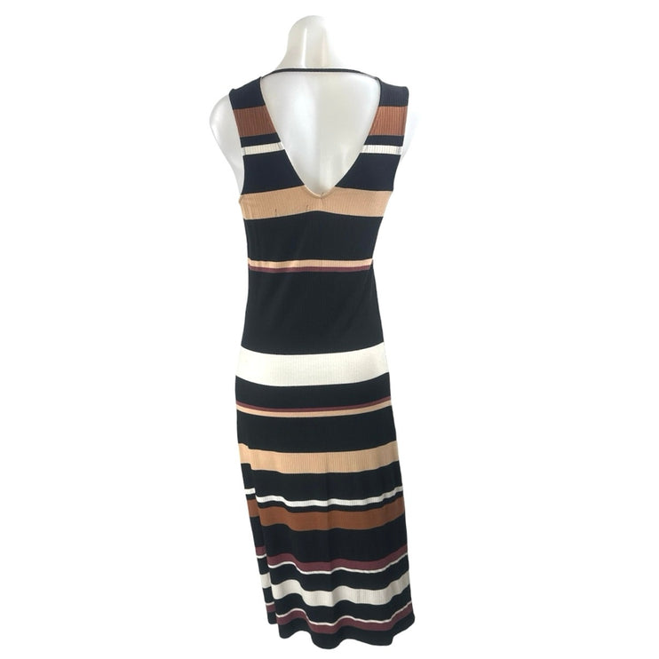 Fourteeth Place Stripe Ribbed Knit V Neck Sleeveless Maxi Tank Sheath Dress Sz S