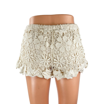 Fashion on Earth Cream Floral Crochet Knit Drawstring Beach Mini Shorts Size M
