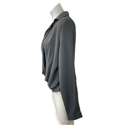 No Less Than Women's Gray Long Sleeve Collared Draped Wrap Front Blouse Top Sz S