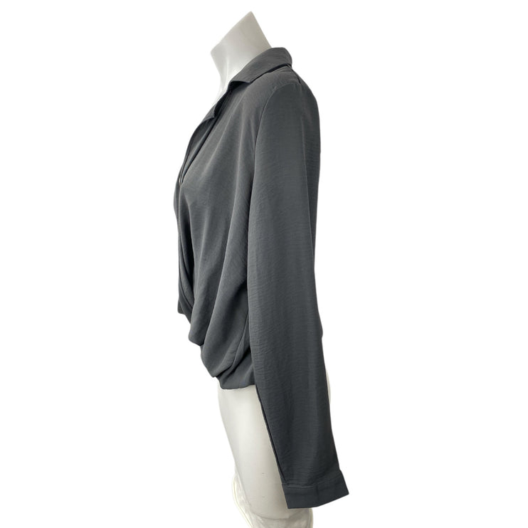 No Less Than Women's Gray Long Sleeve Collared Draped Wrap Front Blouse Top Sz S