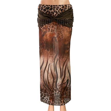 Shein Brown Leopard Print Beaded Fringe Sheer Beach Swim Maxi Coverup Skirt Sz L