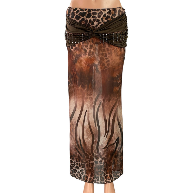 Shein Brown Leopard Print Beaded Fringe Sheer Beach Swim Maxi Coverup Skirt Sz L