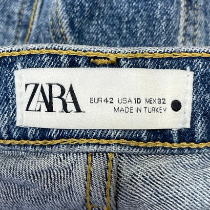 Zara Women's Blue Distressed High Waisted Wide Leg Baggy Denim Jeans Size 10