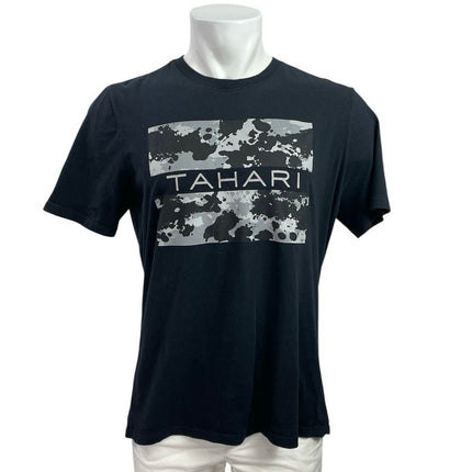 Tahari Men Black Camo Logo Graphic Short Sleeve Crew Neck T Shirt Tee Top Size M
