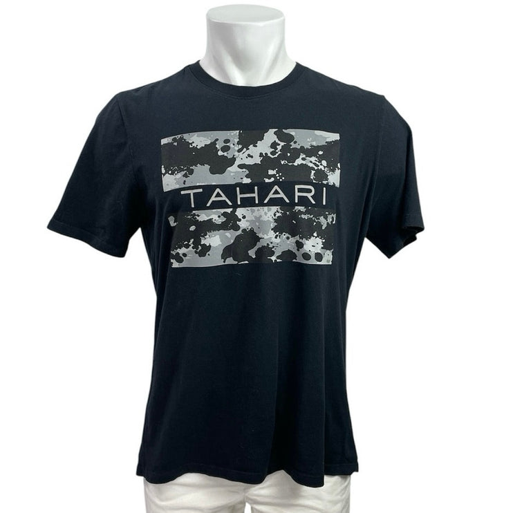 Tahari Men Black Camo Logo Graphic Short Sleeve Crew Neck T Shirt Tee Top Size M