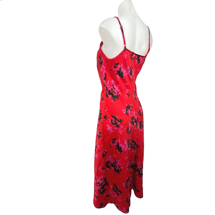 A New Day Red Floral Silk Satin V Neck Sleeveless Ruched Midi Dress Size XS