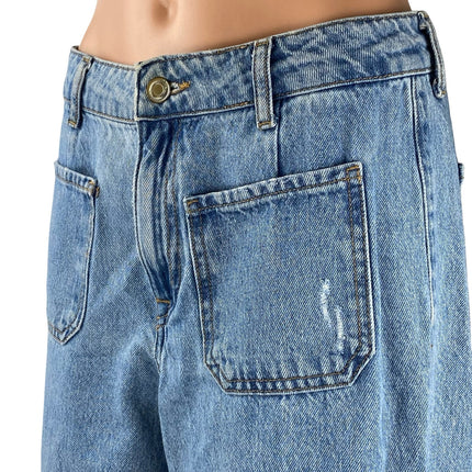 Zara Women's Blue Raw Frayed Hem High Rise Wide Leg Bootcut Denim Jeans Pants 6