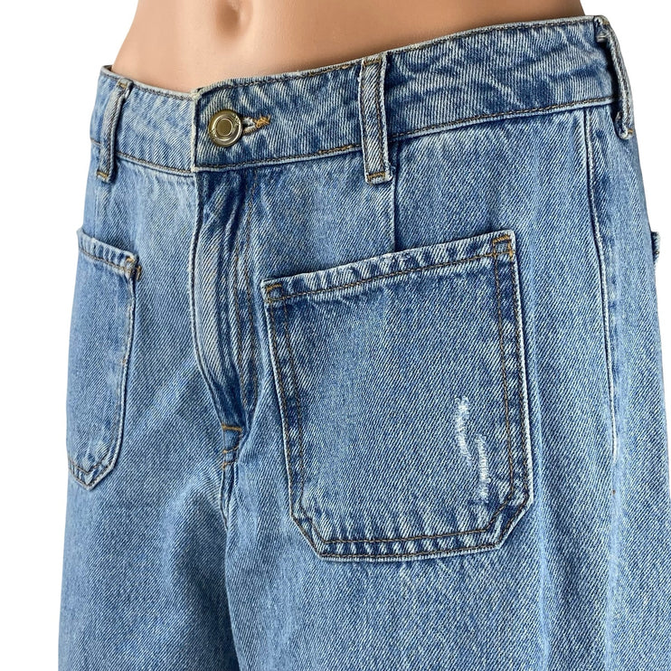 Zara Women's Blue Raw Frayed Hem High Rise Wide Leg Bootcut Denim Jeans Pants 6