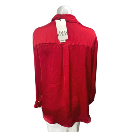 NEW Zara Women's Red Silky Satin Collar Long Sleeve Button Down Shirt Top Size S