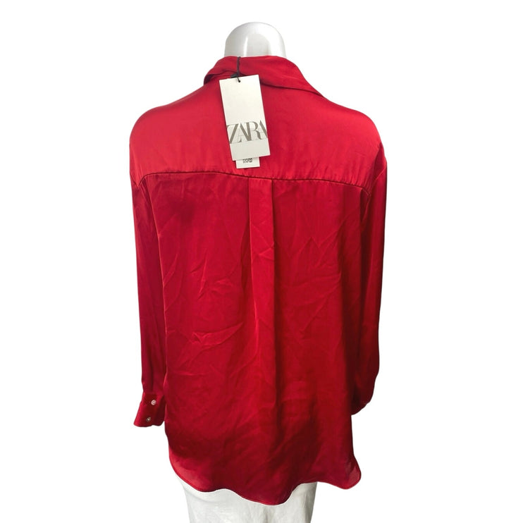 NEW Zara Women's Red Silky Satin Collar Long Sleeve Button Down Shirt Top Size S
