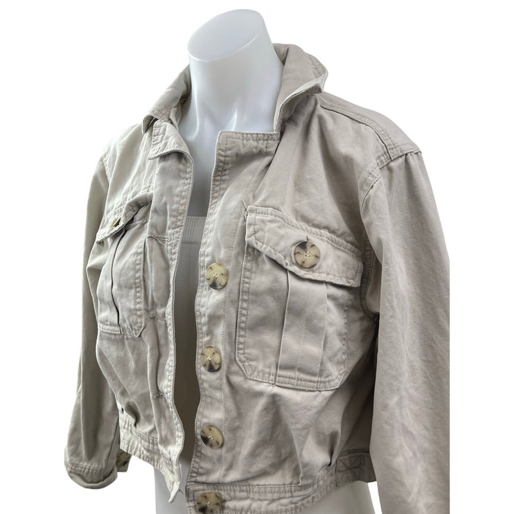 BlankNYC Women's Beige Long Sleeve Utility Button Down Crop Denim Jean Jacket S