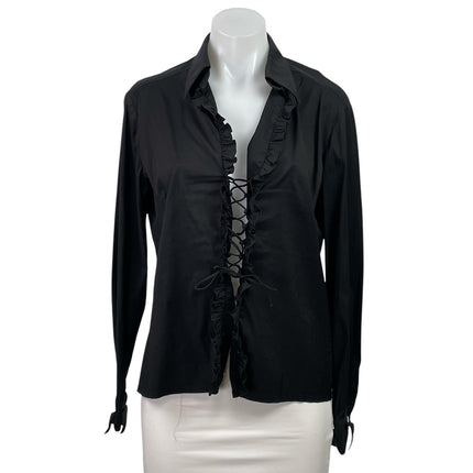 Trina Turk Women's Black Lace Up Ruffle Long Sleeve Collared Shirt Blouse Top L