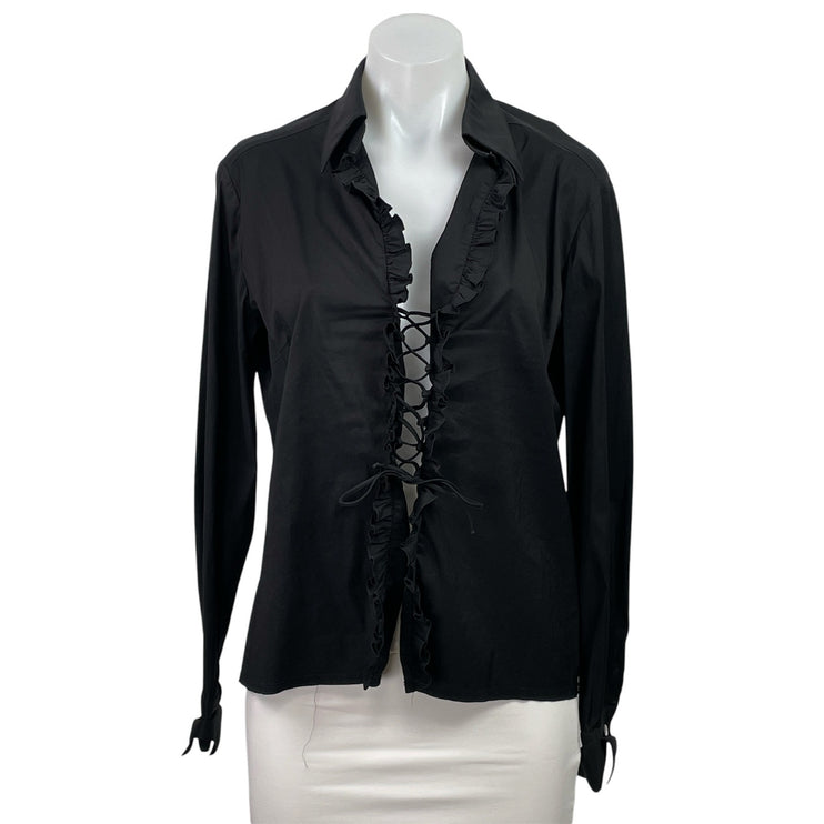Trina Turk Women's Black Lace Up Ruffle Long Sleeve Collared Shirt Blouse Top L