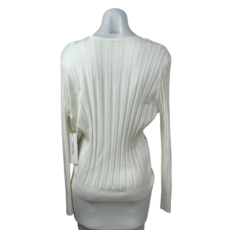 NEW Calvin Klein Women's Cream Ribbed Long Sleeve Wrap Sweatshirt Sweater Top L