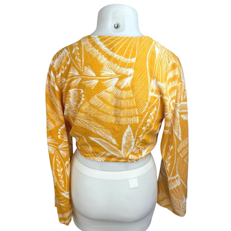 Cider Women's Yellow Bell Long Sleeve Tie Front V Neck Crop Blouse Top Size 1XL