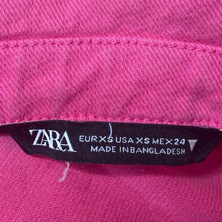 Zara Women's Pink Long Sleeve Button Down Cropped Denim Jean Jacket Size XS