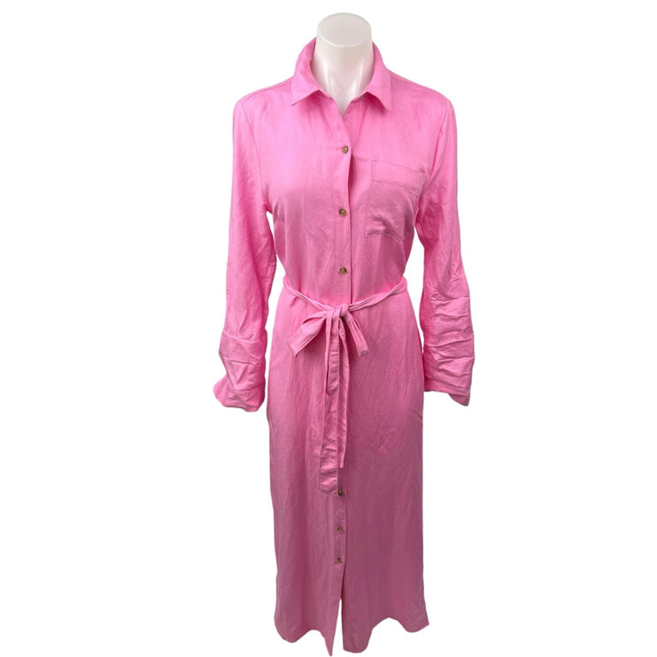 Ann Taylor LOFT Pink Tie Waist Long Sleeve Button Down Shirt Maxi Dress Size 4