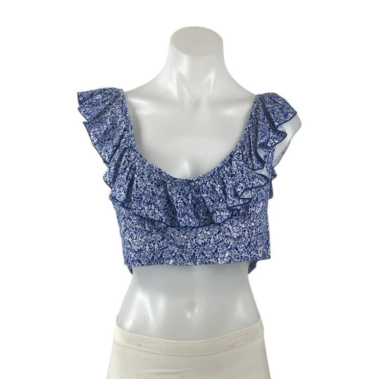 NEW Valija Blue Ruffle Scoop Neck Backless Smocked Printed Boho Crop Top Size L