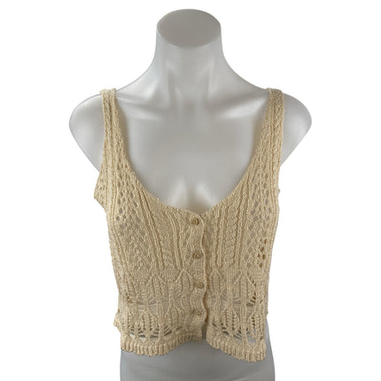 Zara Women's Cream Beige Crochet Knit Sleeveless Button Up Boho Crop Top Size S